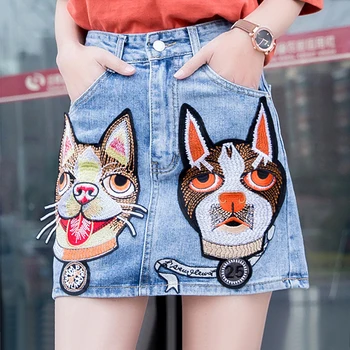 Plus Size High Waist Denim Skirts Womens 2018 Summer Style Dog head Embroidered Short Mini Jeans Skirt Button Casual A-Line
Plus Size High Waist Denim Skirts Womens 2018 Summer Style Dog head Embroidered Short Mini Jeans Skirt Button Casual A-Line