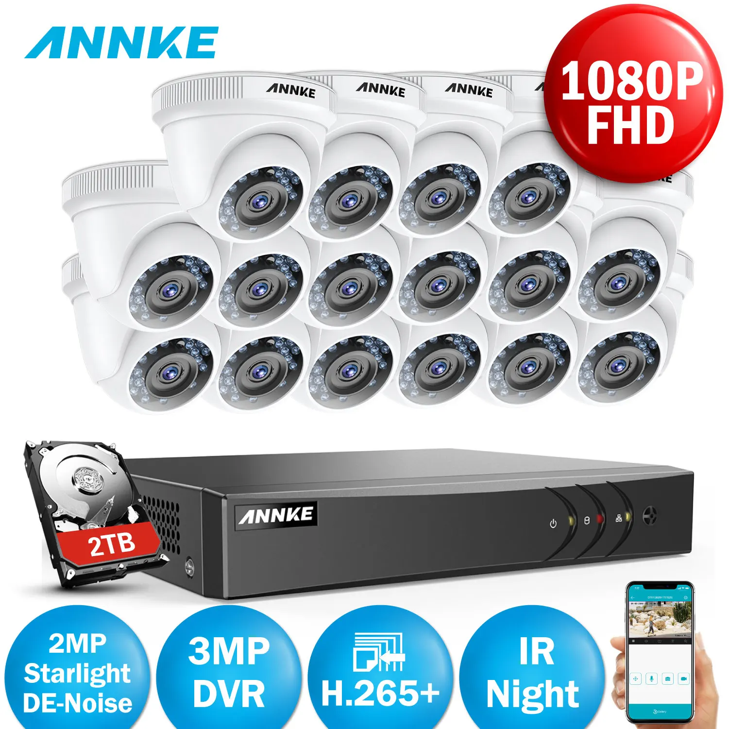 ANNKE HD 2MP 16CH 5в1 домашняя система безопасности 3MP цифровой видеорегистратор HDMI с 16 шт