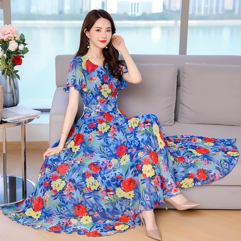 High Quality Plus Size M-3XL Elegant Bohemian Style Short Sleeve Round Collar Flower Printed Woman Chiffon Long Dress
High Quality Plus Size M-3XL Elegant Bohemian Style Short Sleeve Round Collar Flower Printed Woman Chiffon Long Dress