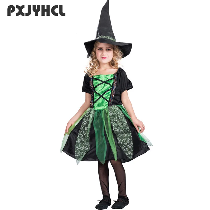 

Halloween Kid Witch Costume With Hat Fantasia Party Cosplay Vampire Dress For Girl Fancy Role Play Performance Dance Clothing