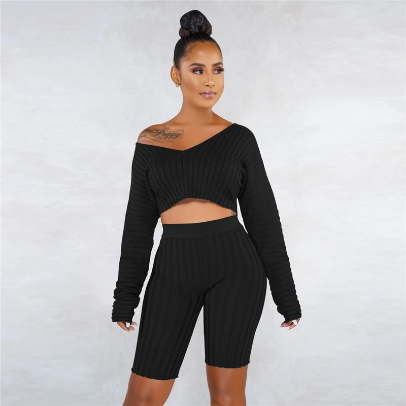 Solid Color Knitted Ribbed Two Piece Set Woman Sexy Off The Shoulder Long Sleeve Crop Top Knee Length Pants Ribbed Trackesuit
Solid Color Knitted Ribbed Two Piece Set Woman Sexy Off The Shoulder Long Sleeve Crop Top Knee Length Pants Ribbed Trackesuit