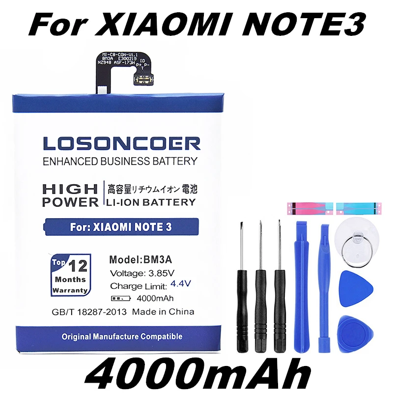 LOSONCOER 4000mAh BM3A Battery For Xiaomi Mi Note 3 Battery High Capacity Phone Batteries+Tools
LOSONCOER 4000mAh BM3A Battery For Xiaomi Mi Note 3 Battery High Capacity Phone Batteries+Tools