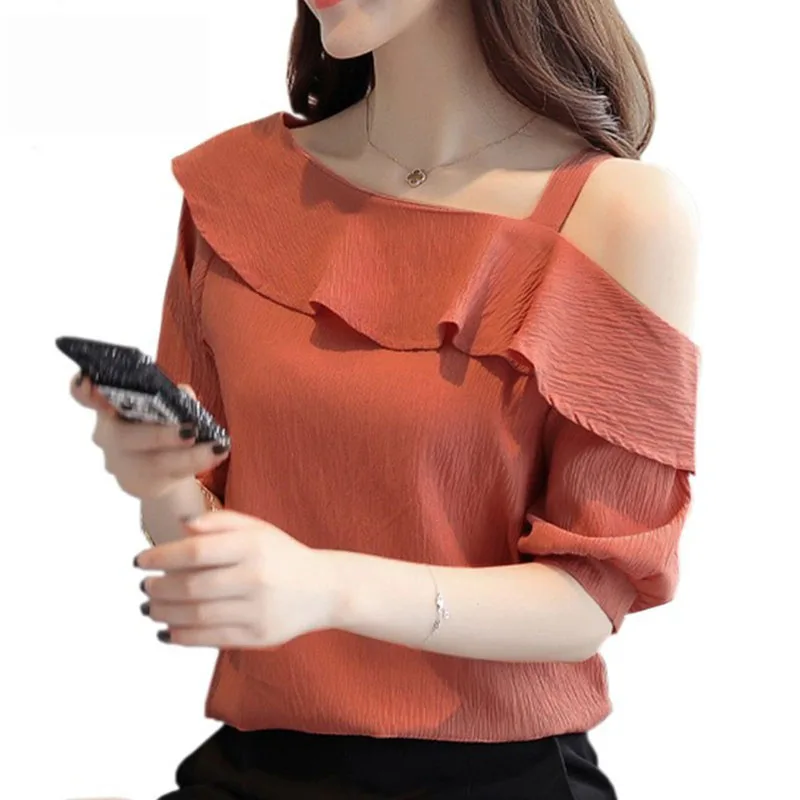 Summer Woman Tops Elegant Chiffon Blouse One Shoulder Shirts Ruffles Skew Collar Women Blouses
Summer Woman Tops Elegant Chiffon Blouse One Shoulder Shirts Ruffles Skew Collar Women Blouses