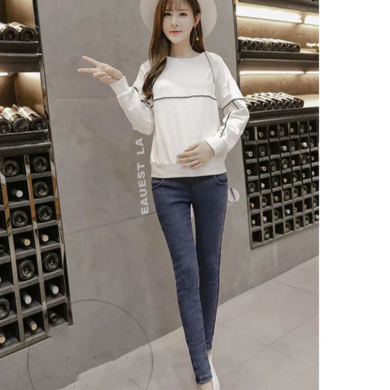 Pregnant Women Plus Velvet Thickening Autumn And Winter New Feet Wearing Fashion Wild High Waist Stomach lift denim pants |