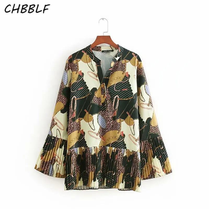 CHBBLF women V neck chains print blouse pleated flare sleeve shirts vintage female chic tops blusas CDC8943
CHBBLF women V neck chains print blouse pleated flare sleeve shirts vintage female chic tops blusas CDC8943