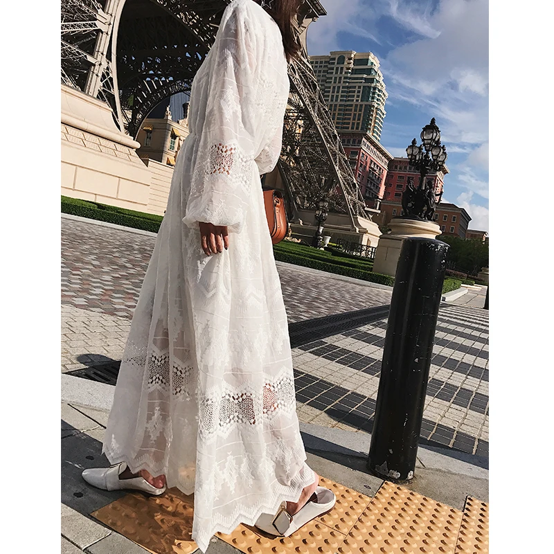 2017 New Autumn And Winter Lantern Sleeve White Embroidery Women Long Dress Princess Korean Ankel-length Dresses Womens | Женская одежда