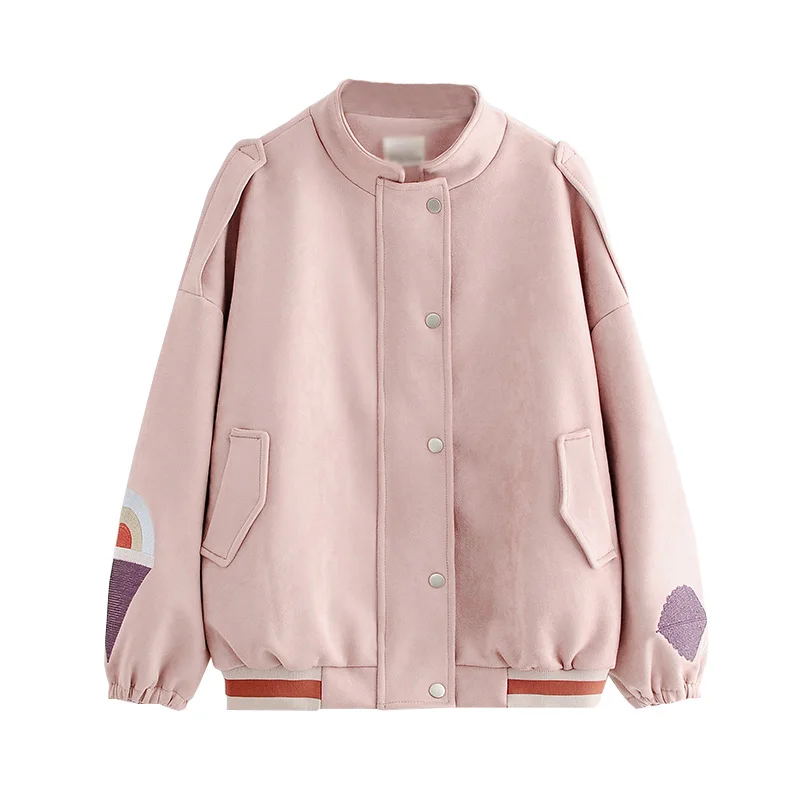 PERHAPS U women outwear bomber jacket pocket button khaki pink embroidery geometric suede C0018
PERHAPS U women outwear bomber jacket pocket button khaki pink embroidery geometric suede C0018
