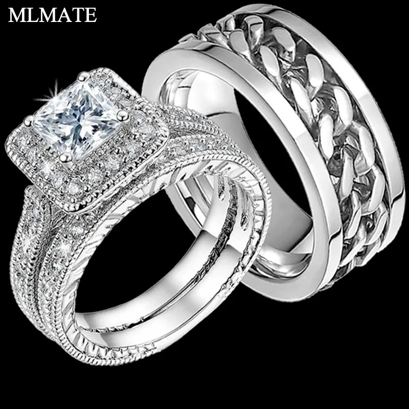 Mens Punk Rock Stainless Steel Chain Spinner Rings, Womens Princess Cut CZ Matching Engagement Bridal Wedding Ring Set
Mens Punk Rock Stainless Steel Chain Spinner Rings, Womens Princess Cut CZ Matching Engagement Bridal Wedding Ring Set
