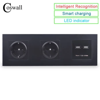 

COSWALL Wall PC Panel Double Socket 16A EU Electrical Outlet Dual USB Smart Charging Port 5V 2A Output Knight Black Color