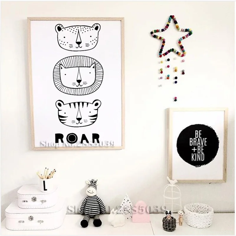 Cartoon Lion Tiger Roar Wall Mural Stickers Boys Tribal Monochrome Nursery Bedroom Decal Kids Room DIY Self-Adhesive LC495 | Дом и сад