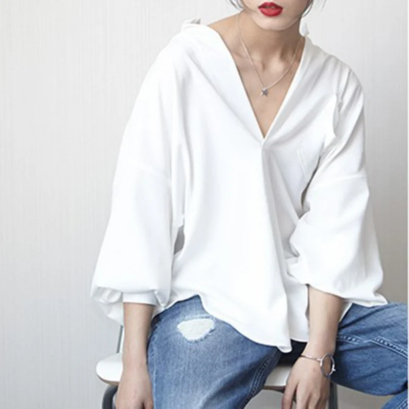 2018 Spring Summer V-neck Solid Loose Casual Shirts Women Long Puff Sleeve Blouse Black White Women Tops and Blouses Y3
2018 Spring Summer V-neck Solid Loose Casual Shirts Women Long Puff Sleeve Blouse Black White Women Tops and Blouses Y3