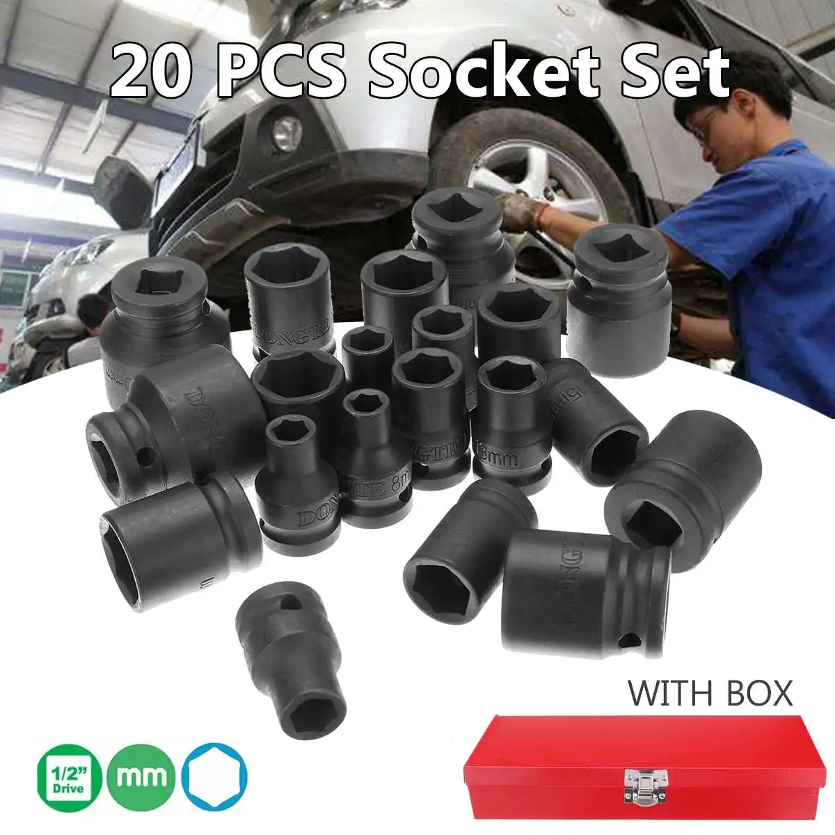 20Pcs 1/2 Inch Drive Hex 6 Point Impact Socket Set Chrome Vanadium Steel Metric Garage 8-32mm Pneumatic Sleeve Wrench Tool
20Pcs 1/2 Inch Drive Hex 6 Point Impact Socket Set Chrome Vanadium Steel Metric Garage 8-32mm Pneumatic Sleeve Wrench Tool