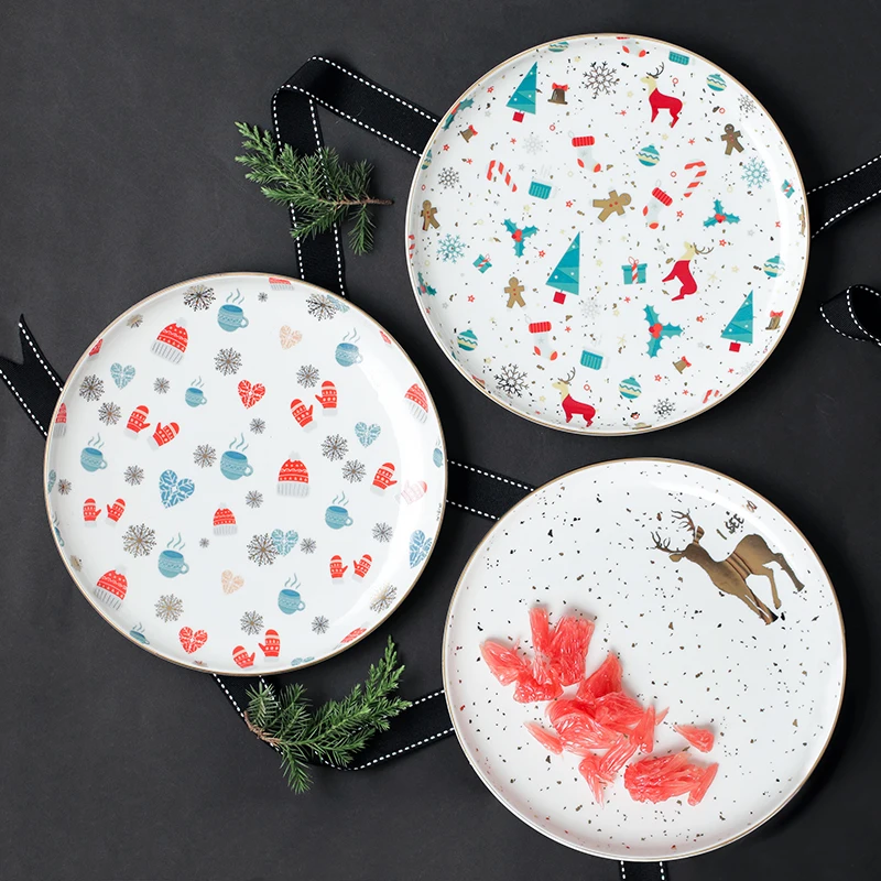 merry christmas gift on glazed ceramic plates 8.5 inch round gold inlay ins popular fruit plate elk snowman printed steak dishes
merry christmas gift on glazed ceramic plates 8.5 inch round gold inlay ins popular fruit plate elk snowman printed steak dishes