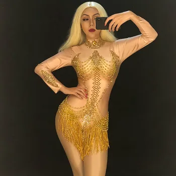 Sparkly Gold Tassel Rhinestones Glisten Beads Bodysuit Bar DJ Singer Dancer One-piece Outfit Costume Stage Performance Jumpsuit
Sparkly Gold Tassel Rhinestones Glisten Beads Bodysuit Bar DJ Singer Dancer One-piece Outfit Costume Stage Performance Jumpsuit