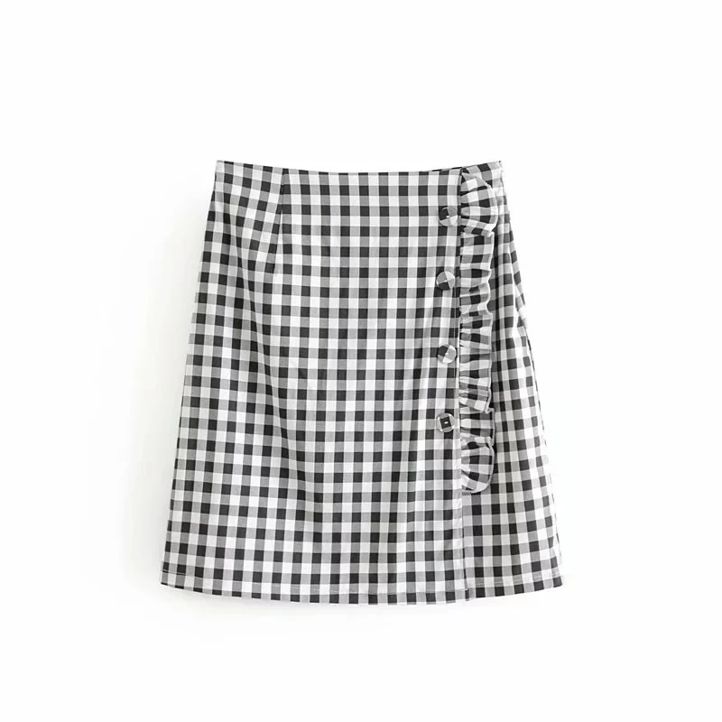 vintage women black plaid ruffles mini skirts 2019 fashion ladies front button short skirt party girls sweet faldas chic clothes | Женская