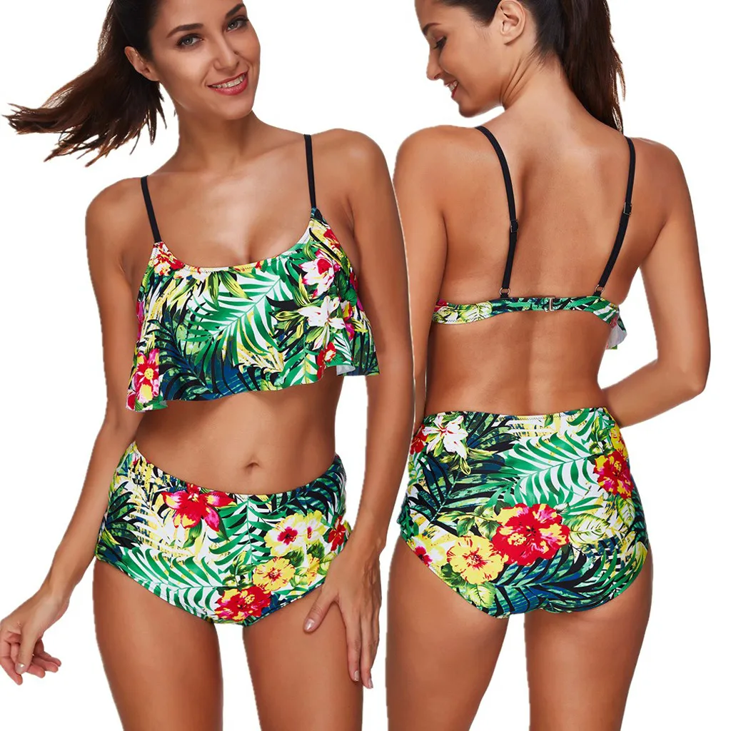 

Women Summer Sexy Sport Bikini Monokini Flounce Top Floral Green Swimsuit High Waist Swimwear Beach Bathing Beachwear Backless