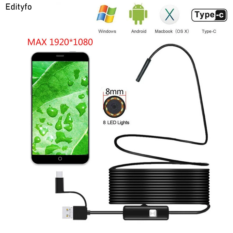 New 1080P Type-C USB Endoscope Camera IP67 Led Light 1M 2M 5M Snake Soft Wire Inspection Endoscope Camera Borescope
New 1080P Type-C USB Endoscope Camera IP67 Led Light 1M 2M 5M Snake Soft Wire Inspection Endoscope Camera Borescope