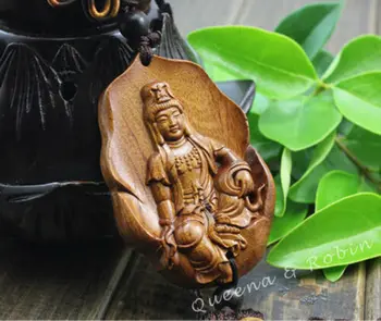 

Wood Carving Lotus Leaf Kwan Yin Buddha Statue Car Pendant Amulet Wooden Craft