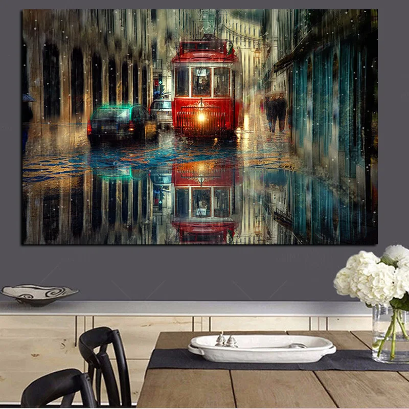 HD Print Retro Tram Rain City Street Oil Painting on Canvas Pop Art Modern Wall Picture for Living Room Poster Sofa Cudros Decor