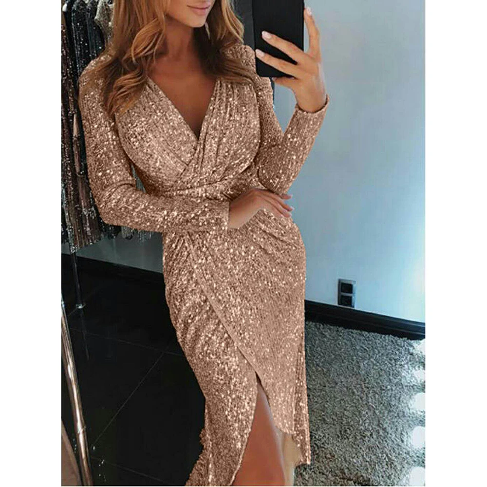 Women Sexy Dress vestido Women Sequined Long Sleeve V Neck Semiforamal Sequins Shiny Slit Dresses
Women Sexy Dress vestido Women Sequined Long Sleeve V Neck Semiforamal Sequins Shiny Slit Dresses