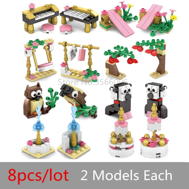 8pcs/lot Girl Princess Series Garden Parts Mini Owl Piano Cake Animal Fountain Kazi MOC Building Blocks Sets Models Bricks Toys
8pcs/lot Girl Princess Series Garden Parts Mini Owl Piano Cake Animal Fountain Kazi MOC Building Blocks Sets Models Bricks Toys