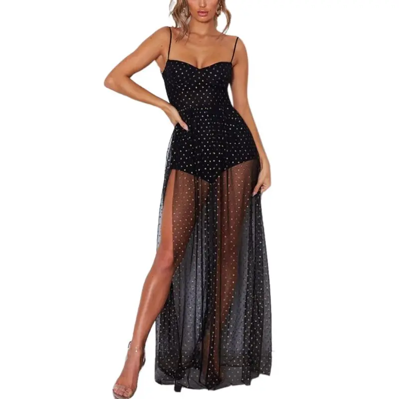 Womens Polka Dot Print Spaghetti Strap Long Split Sleeveless High Waist Sheer Mesh Patchwork Maxi Dress Beachdress 2019 
Womens Polka Dot Print Spaghetti Strap Long Split Sleeveless High Waist Sheer Mesh Patchwork Maxi Dress Beachdress 2019