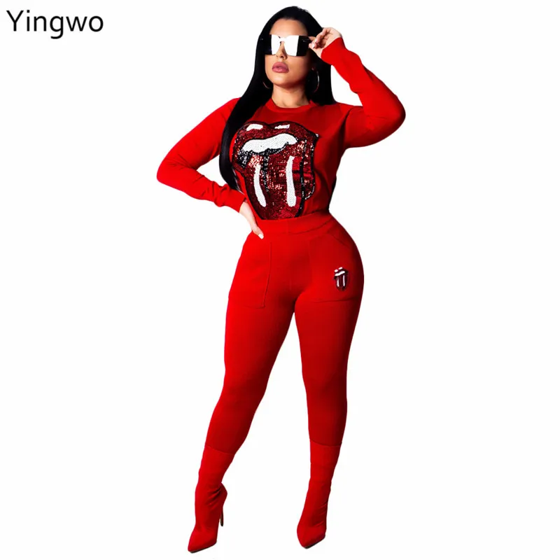 Sequined Red Lips Pattern Fashion Women Set Casual O Neck Long Sleeve Tops Elastic Waist Skinny Leggings Suit Two Pieces Online | Женские
