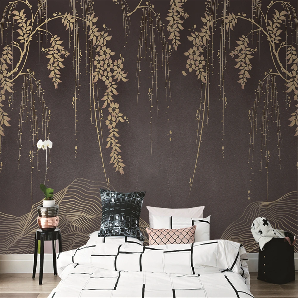 

Custom 3d wallpaper modern atmospheric golden willow branches line TV background wall - silk waterproof material