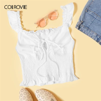 

COLROVIE White Tie Square Neck Shirred Boho Cami Crop Top Women Clothing 2019 Summer Korean Style Holiday Ladies Shirts Tops