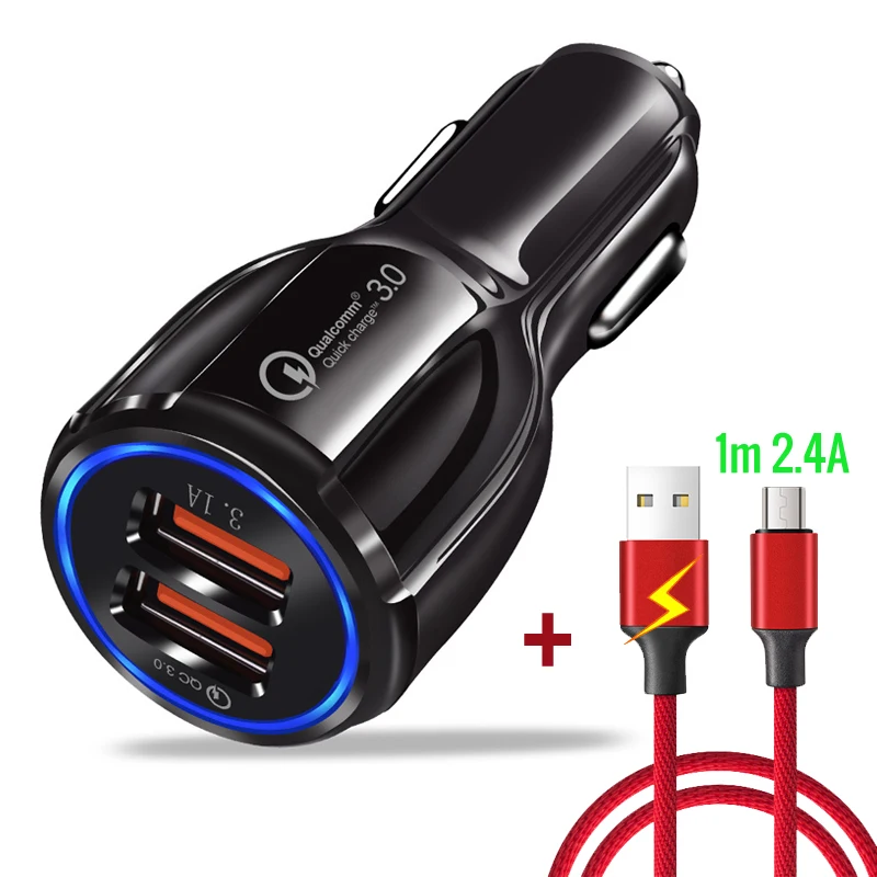 

QC3.0 Quick Car Lighter Charger Dual Ports 30W Multiple Fast Charging Adapters with 2.4A USB Data Cable Type-c Micro Chargers