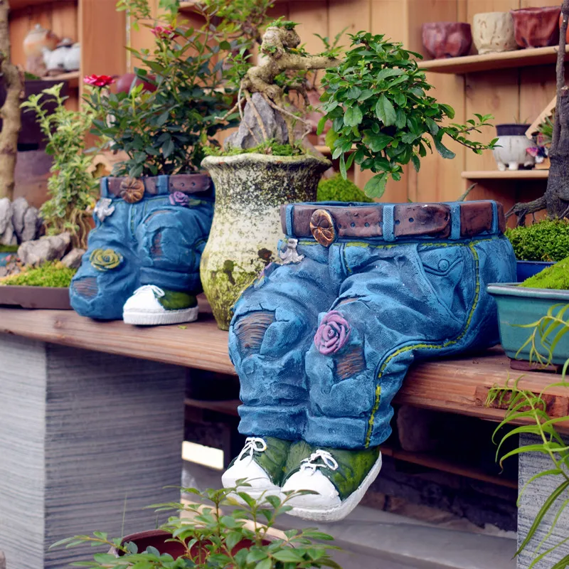 

Pastoral Cement Denim Pants Ornaments Creative Flower Pot Decoration Crafts Old Garden Balcony Figurines Outdoor Accessories Art