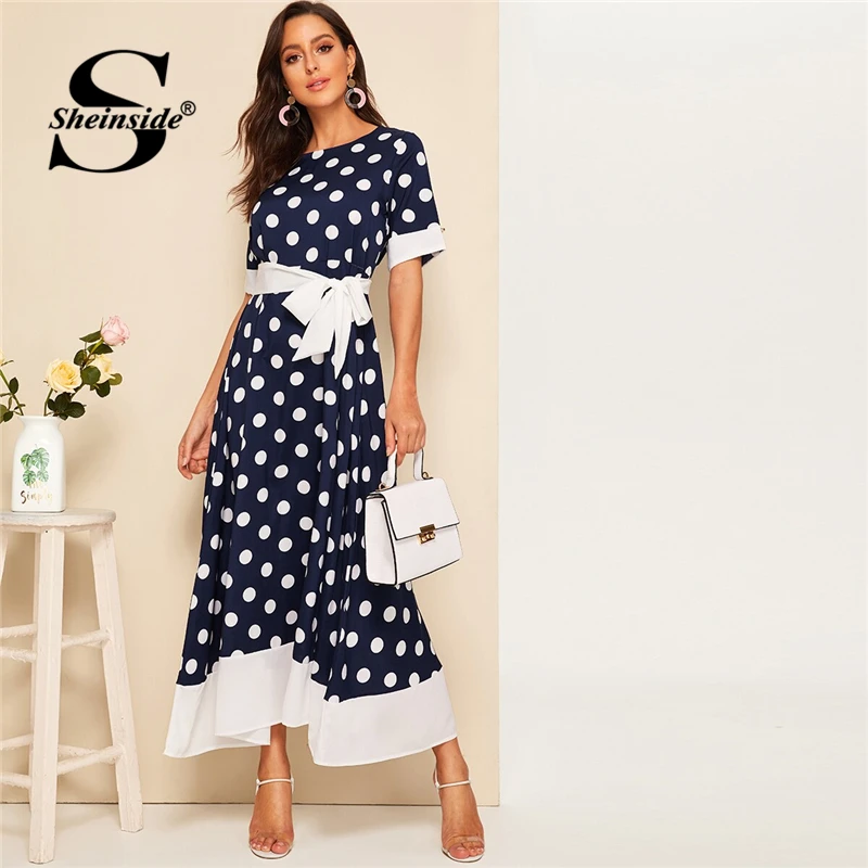 

Sheinside Elegant Polka Dot Belted Dress Women 2019 Summer High Waist A Line Long Dresses Ladies Fit and Flare Dress