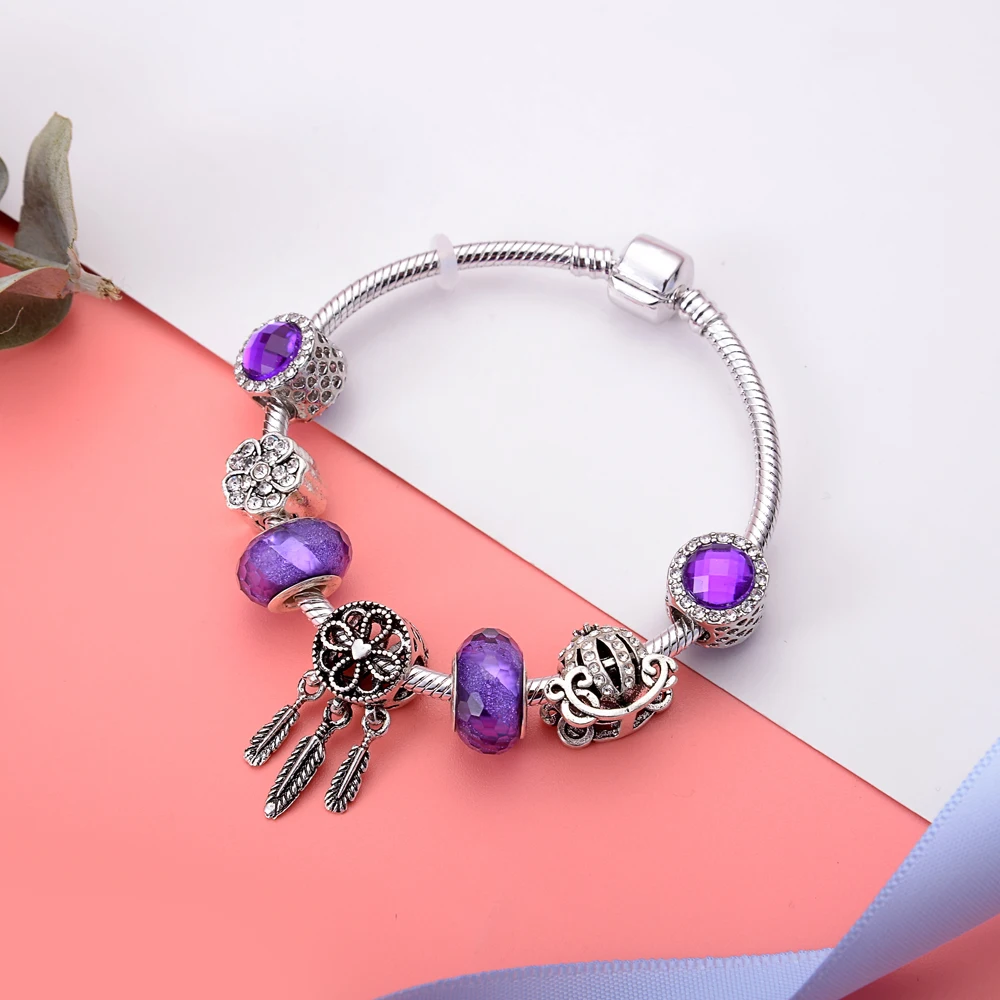 purple European beaded bracelets&bangles for women silver plated inital heart original women's bracelets hanging tassel femme |