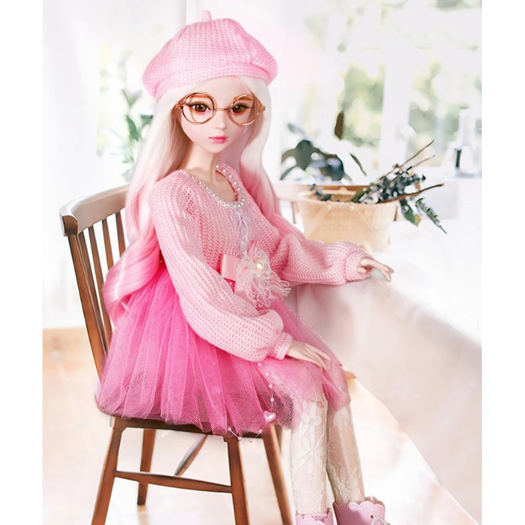 1/3 Cute Princess Sweater Dress with Stockings for BJD Doll Changing Accessories Pink