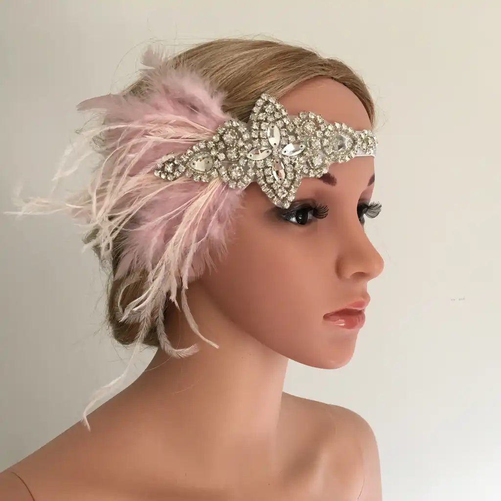 Prettyia Crystal Pink Feather 1920s Gatsby Flapper Headpiece