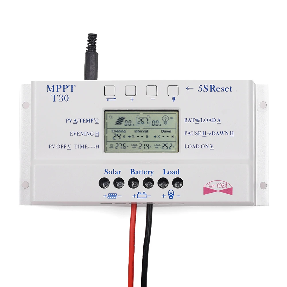 MPPT T30 solar charger controller 30A 12V 24V Auto LCD display CE certificate light and double timer adjustable Control voltage
MPPT T30 solar charger controller 30A 12V 24V Auto LCD display CE certificate light and double timer adjustable Control voltage
