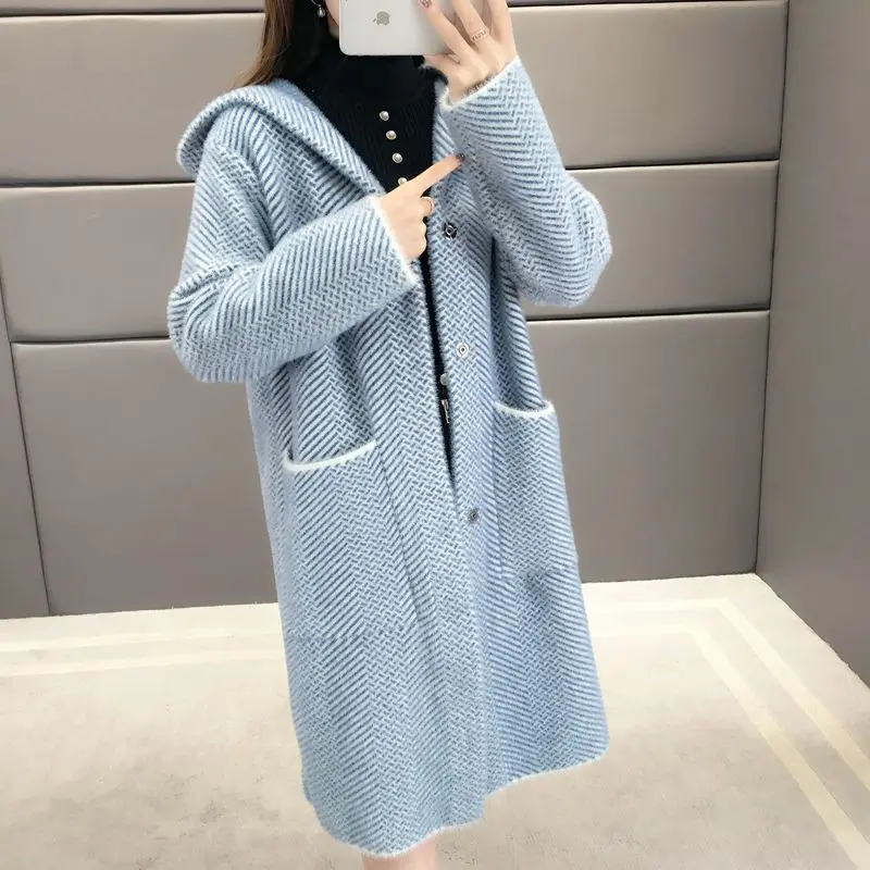 High quality Women cardigans coat Winter Fashion warm women's sweater Hooded Imitation Mink Cashmere knitted sweater coat 733
High quality Women cardigans coat Winter Fashion warm women's sweater Hooded Imitation Mink Cashmere knitted sweater coat 733