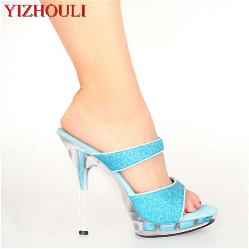

13 cm, nightclub sexy blue sequins sandals, bride's transparent wedding dance party, modified Dance Shoes