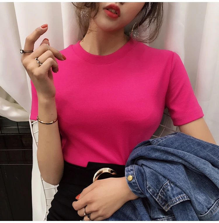 Carol Diaries 2018 новая Однотонная футболка с высоким воротником коротким рукавом