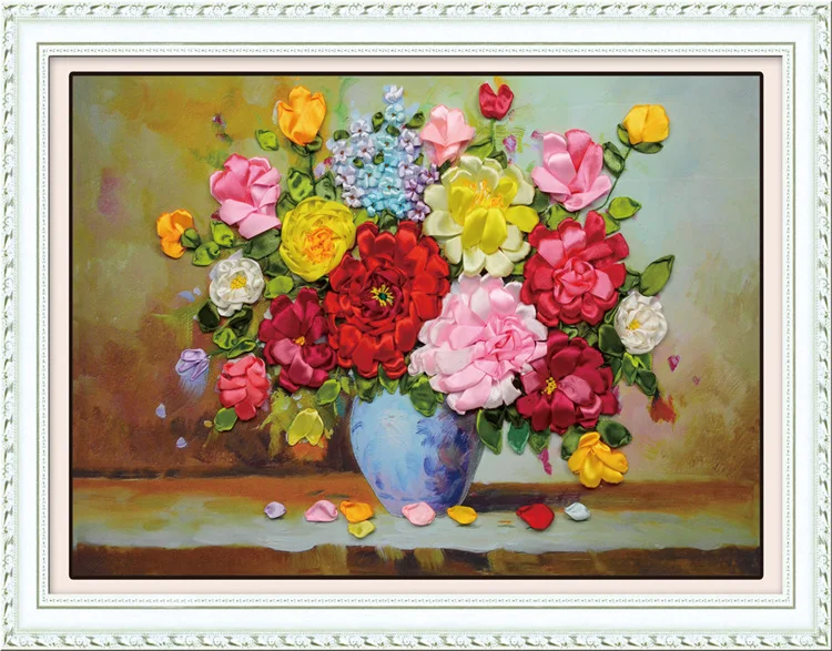 Фото Набор для вышивания крестиком из ленты рукоделия красивая ваза цветы вышивка