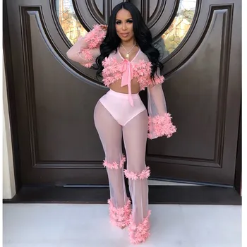 Women Appliques Sheer Mesh Two Piece Set Sexy See-Through Flare Sleeve Crop Top and High Waist Pants Suits
Women Appliques Sheer Mesh Two Piece Set Sexy See-Through Flare Sleeve Crop Top and High Waist Pants Suits