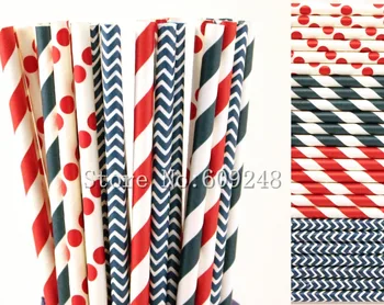 

100pcs Patriotic Drinking Paper Straws Mix,Navy Striped and Chevron,Red Stripe and Polka Dot,4th of July Independence Day Party