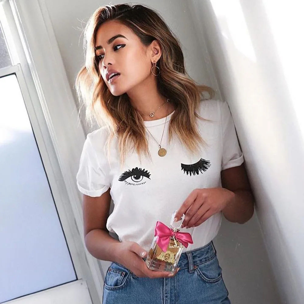 Casual 2019 Cute T-shirts Wink Eyes And Eyelashes Printed Women Tops Short Sleeve Tshirts Cotton White O Neck Summer Blusas New
Casual 2019 Cute T-shirts Wink Eyes And Eyelashes Printed Women Tops Short Sleeve Tshirts Cotton White O Neck Summer Blusas New