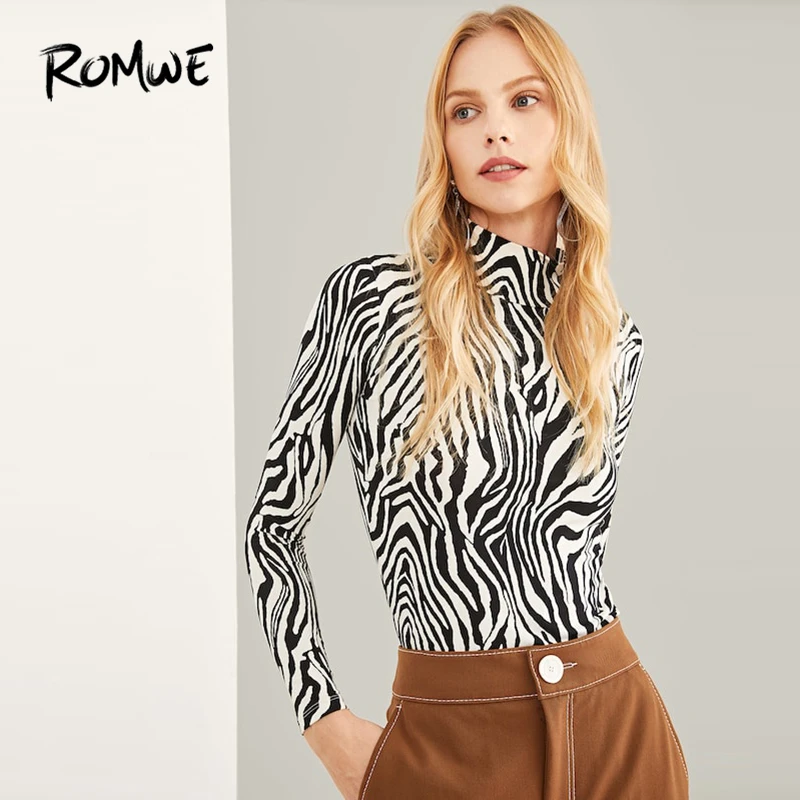 ROMWE High Neck Zebra Print Tee 2019 Sexy Spring T Shirt Women Autumn Black White Long Sleeve Fashion Ladies Fitted T-Shirt
ROMWE High Neck Zebra Print Tee 2019 Sexy Spring T Shirt Women Autumn Black White Long Sleeve Fashion Ladies Fitted T-Shirt