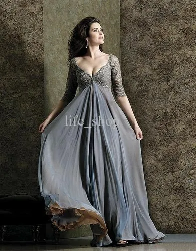 A-line V-neck Silver Chiffon Plus Size Gown Half Sleeve Empire Waist Long Mother of the Bride Dresses Lace
A-line V-neck Silver Chiffon Plus Size Gown Half Sleeve Empire Waist Long Mother of the Bride Dresses Lace