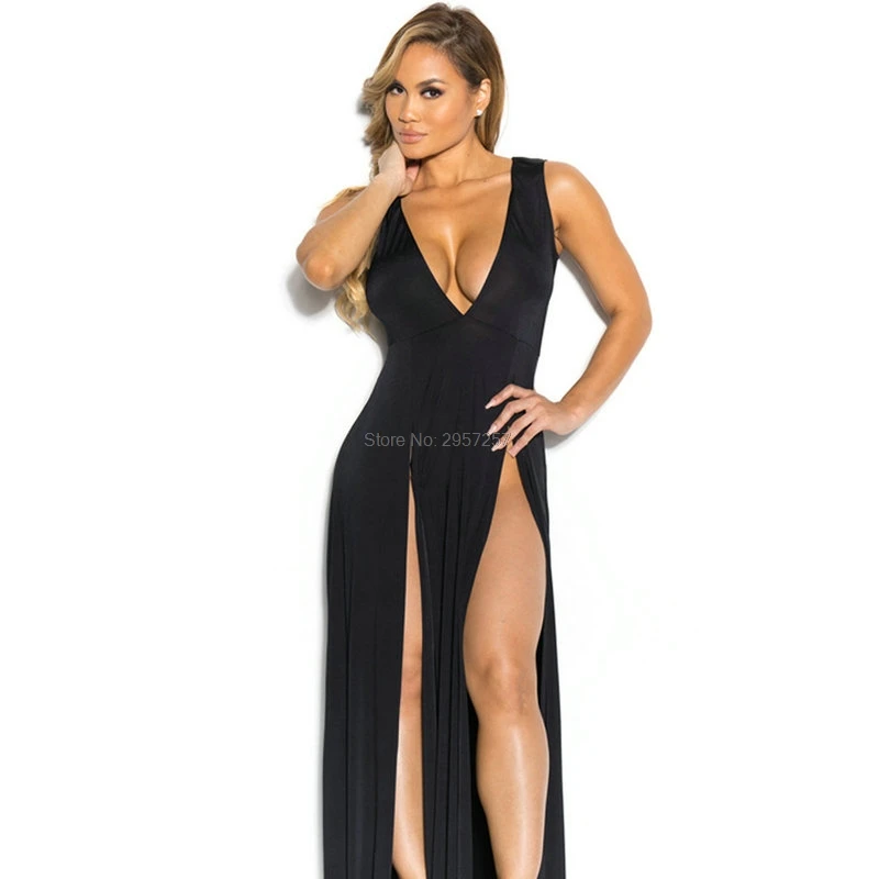 

Summer 2017 Sexy deep V-neck Women Dress plunging neckline Big Girl female bodycon front Slit Split maxi Charming Dresses