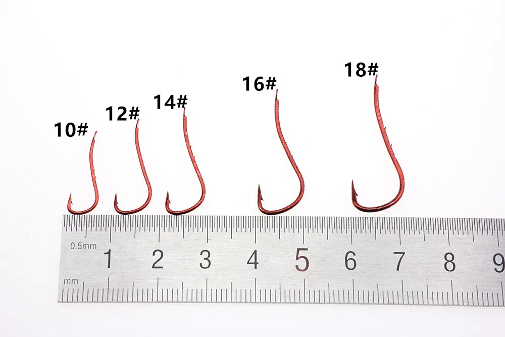 Description Picture 4 of itemRompin 100pcs Red color Baitholder Ryusen Hook Central Draught Fish Hook Size 10 12 14 16 18 Earth Worm Carp Fishing Bait Hooks