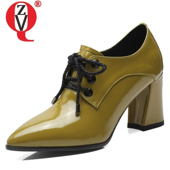

ZVQ shoes woman spring new fashion pointed toe patent leather women pumps high hoof heels cross-tied outside black yellow shoes