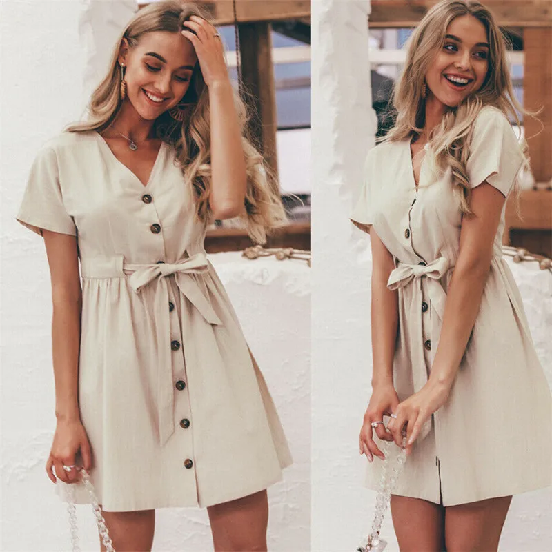 Women Ladies Solid Short Sleeve V neck Button Cotton Boho Casual Summer Holiday Beacn Mini Dress Sundress
Women Ladies Solid Short Sleeve V neck Button Cotton Boho Casual Summer Holiday Beacn Mini Dress Sundress