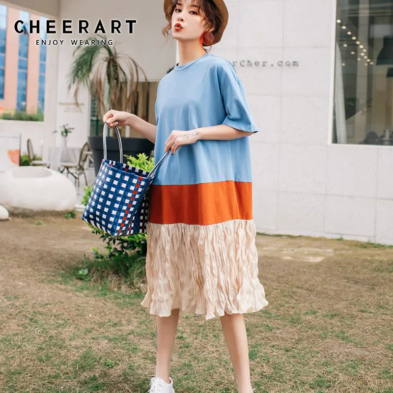 Cheerart Designer Plissee T Shirt Dress Blue Patchwork Color Block Casual Dress Summer Knee Length Loose Fashion Dress Clothes
Cheerart Designer Plissee T Shirt Dress Blue Patchwork Color Block Casual Dress Summer Knee Length Loose Fashion Dress Clothes